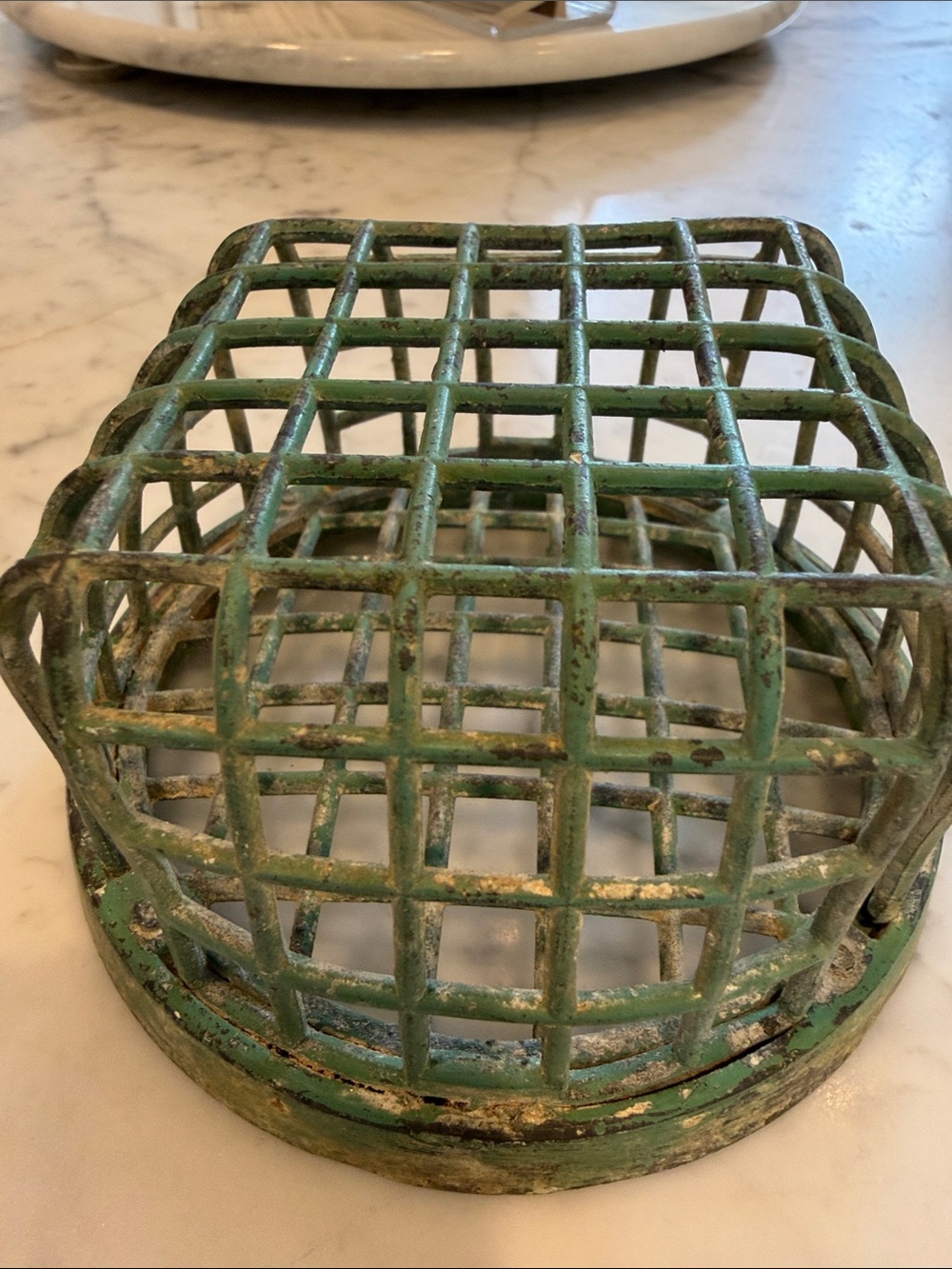 Vintage Green Metal Flower Frog - Decorative Grid Flower Holder